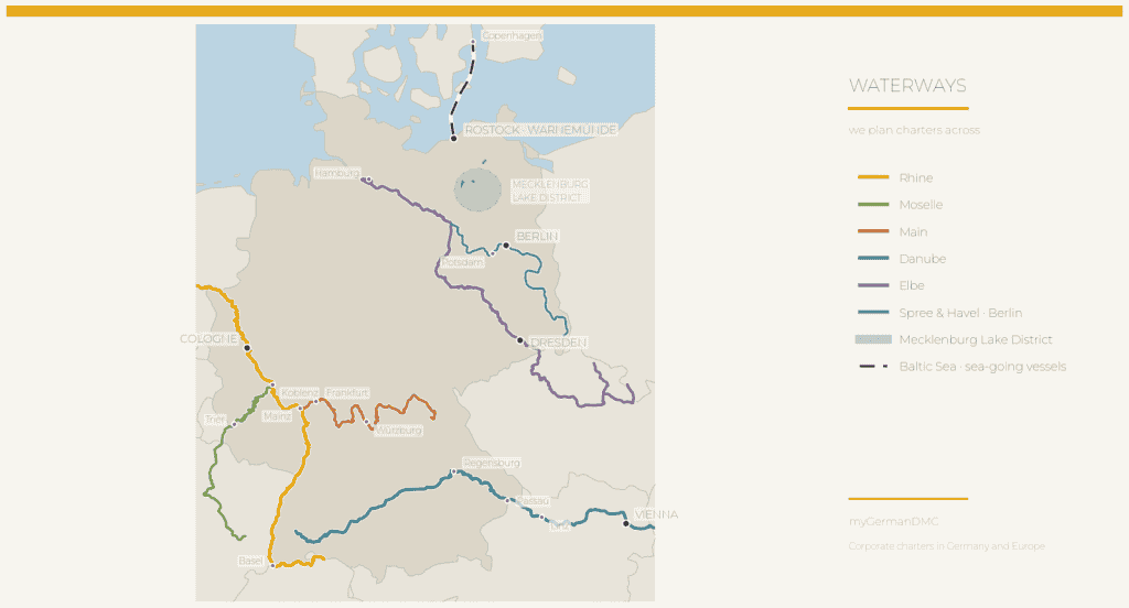 Map of the waterways myGermanDMC plans charters across: the Rhine, Moselle, Main, Danube and Elbe, the Spree and Havel in Berlin, the Mecklenburg Lake District and the Baltic coast at Rostock and Warnemünde