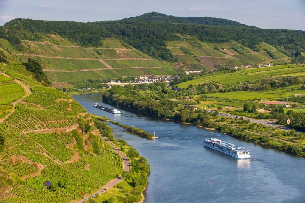 River cruise ship on the Moselle passing the terraced vineyards near Bremm, Germany