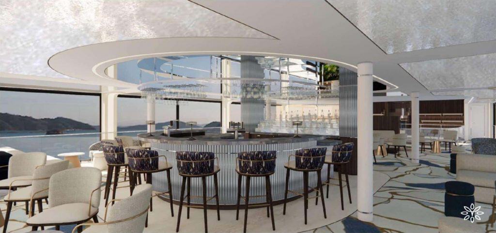 Rendering of the main lounge on Transcend Connect, with bar and panoramic windows, used for corporate receptions