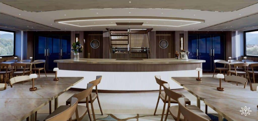 Rendering of the restaurant on Transcend Connect, set for corporate group dining