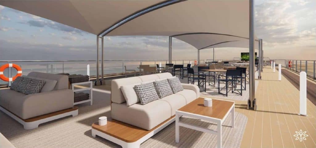 Rendering of the top deck on Transcend Connect, with lounge seating and open views over the water
